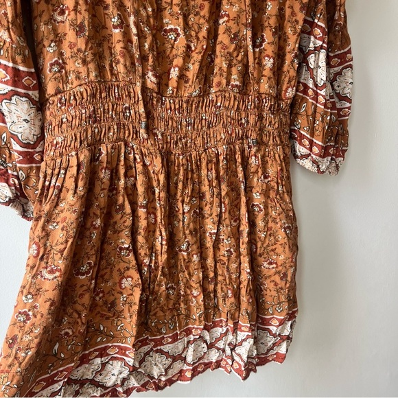 American Eagle Rust Floral Boho Mini Dress XL Bell Sleeve Smocked Waist Festival - Picture 4 of 12